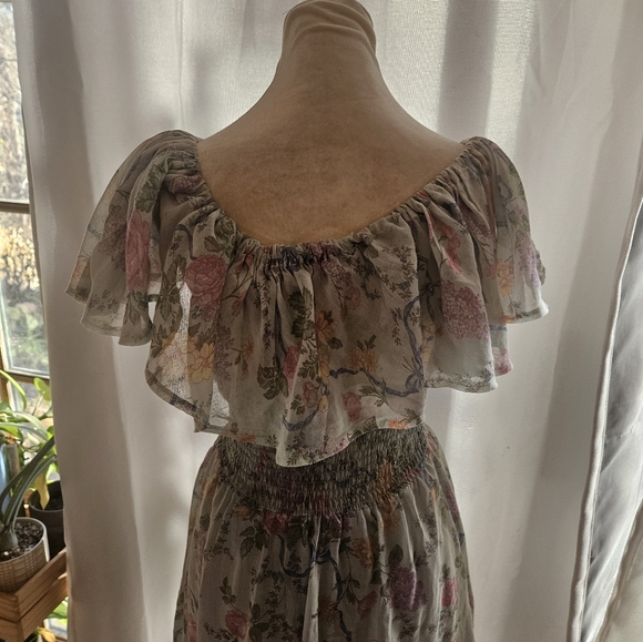 Vintage 70s Mint Green Floral Off The Shoulder Midi Dress Small Boho Cottagecore - Picture 4 of 6